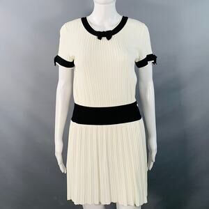 Cream Black Viscose Blend Ribbed Contrast Trim Drop Waist Bow Cocktail Dress